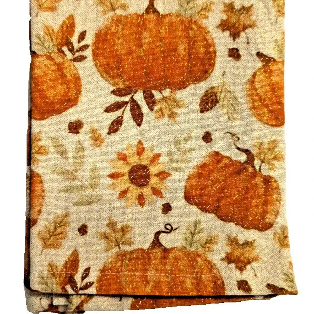 Sparkle Pumpkins Kitchen Towels 2-pc Fall Floral Leaves Orange Tan 16x28-in NEW
